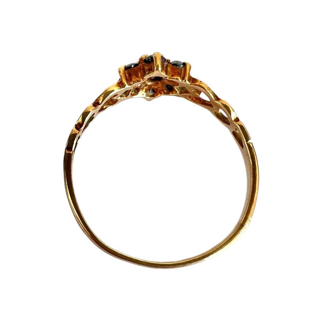 Vintage 9ct Gold Sapphire Flower Cluster Ring - Heart Shoulders - Size O