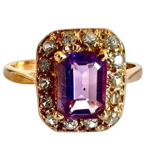 Vintage 1965 9ct Rose Gold Amethyst White Spinel Cluster Ring Size N Hallmarked