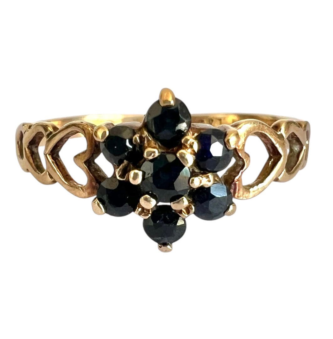 Vintage 9ct Gold Sapphire Flower Cluster Ring - Heart Shoulders - Size O
