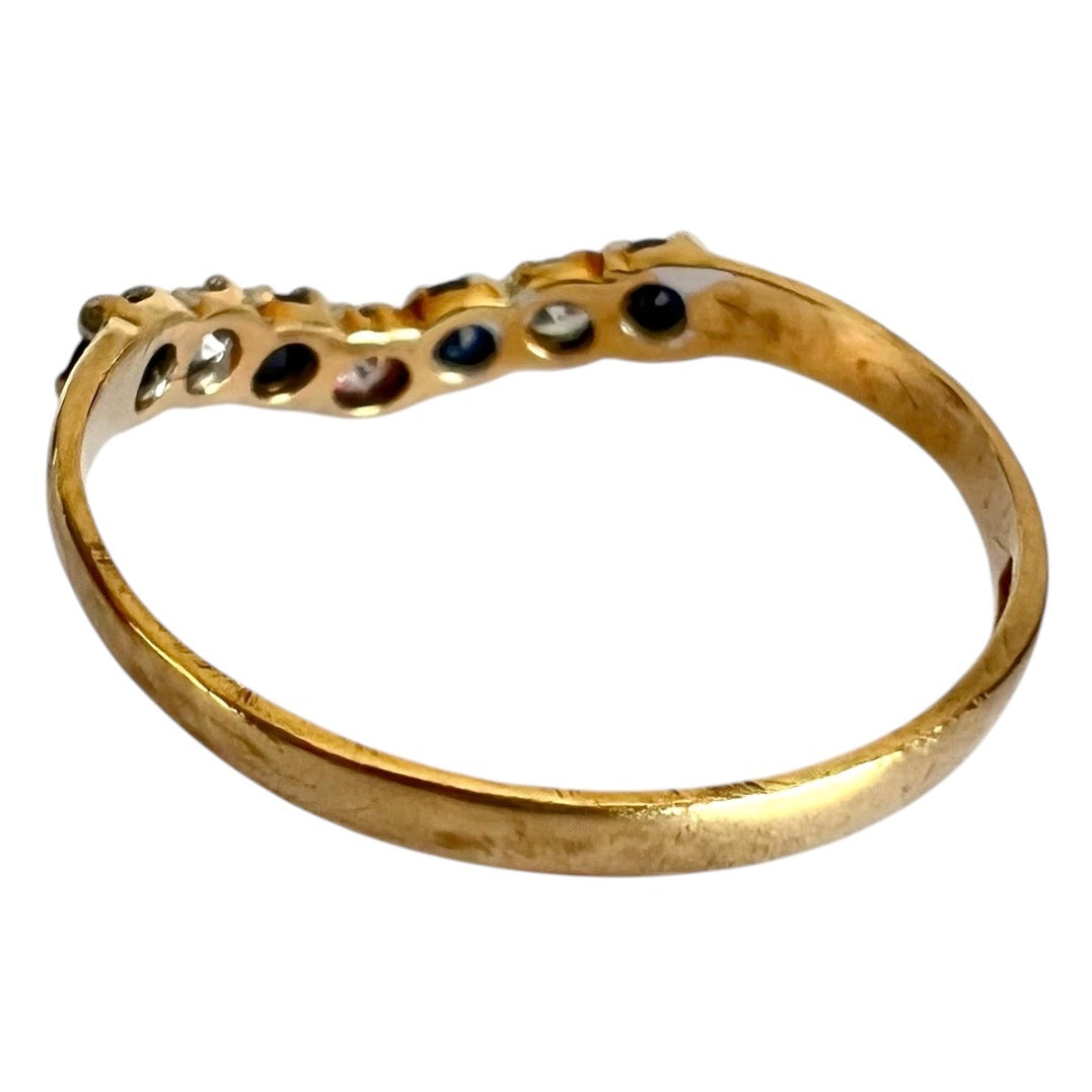 Vintage 9ct Gold Sapphire Wishbone Ring - Seven Stone - Size K 1/2