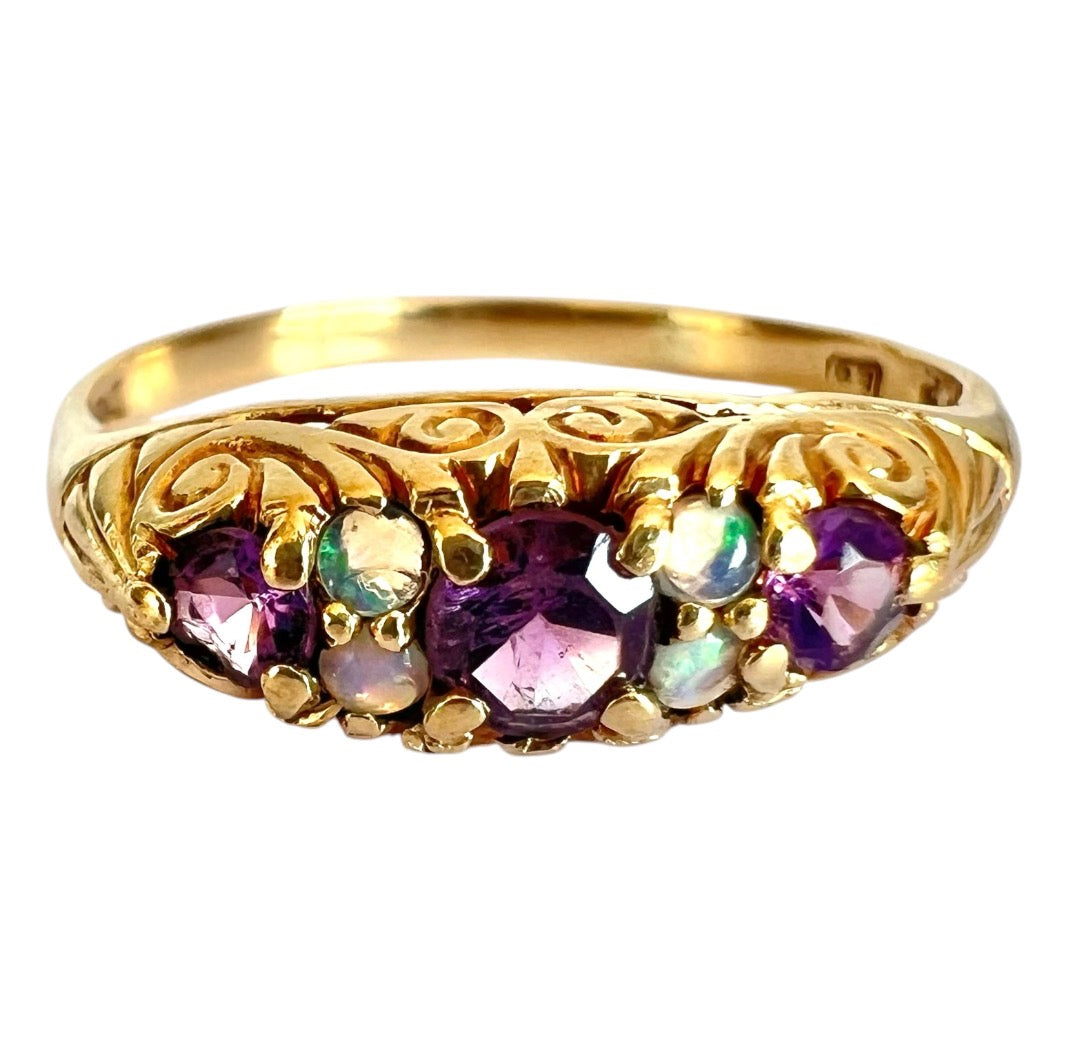 Vintage 9ct Gold Opal & Amethyst Ring – London 1976 – Size U