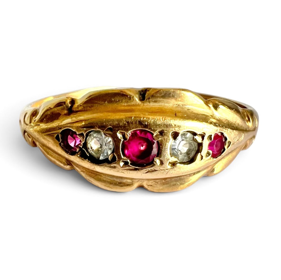 Vintage 1972 9ct Gold Ruby Simulant & White Paste Five Stone Hallmark  Size O