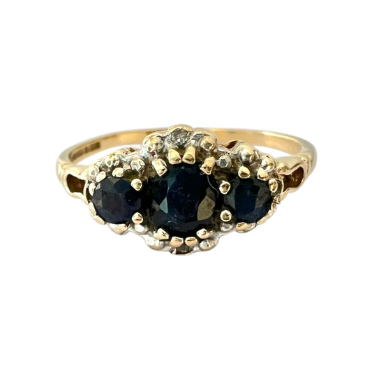 Sapphire & Diamond Three Stone Ring - Vintage - 9ct Gold - Size O