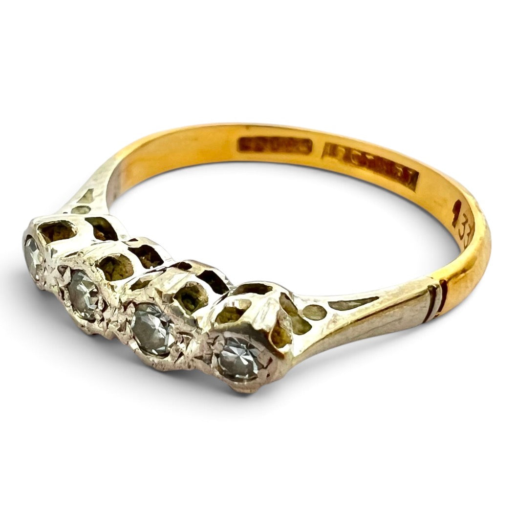 Vintage 18ct Gold Platinum Four Diamond Ring Stamped 18CT & PT Size N