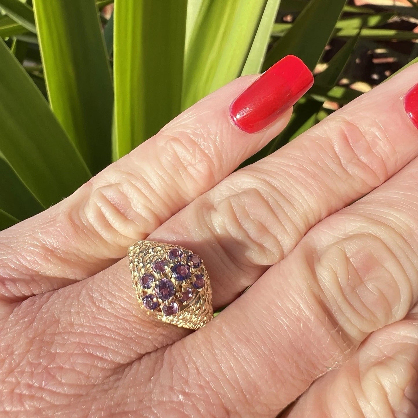 Gold ring with purple amethyst gemstones on a finger against a green leafy background