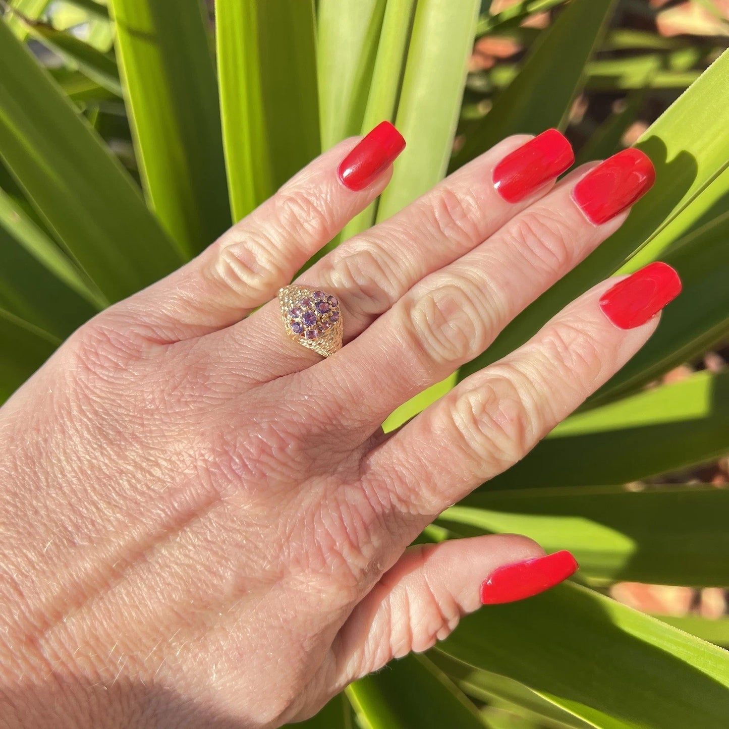 Hand with red nails and an amethyst ring, set against a green leafy background
