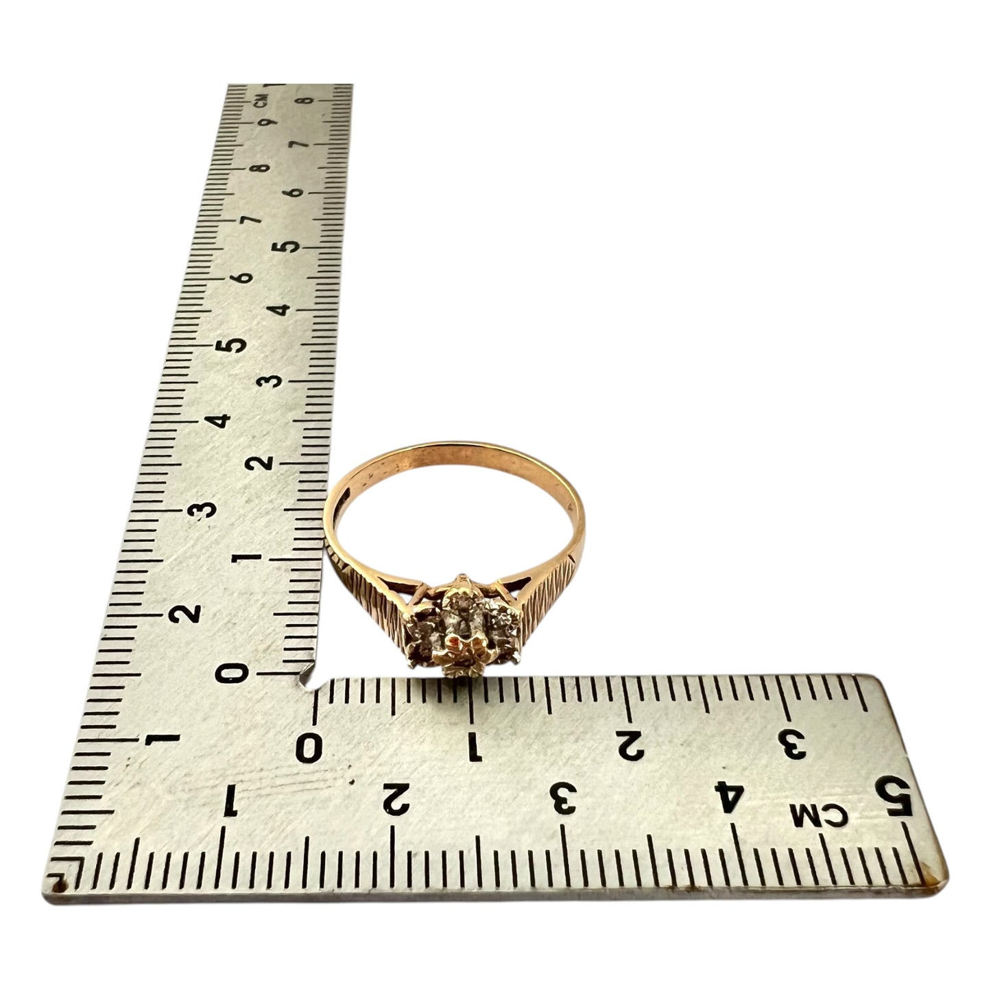 Diamond Flower Cluster Ring - Vintage - 9ct Gold Textured Shoulders - Size N 1/2