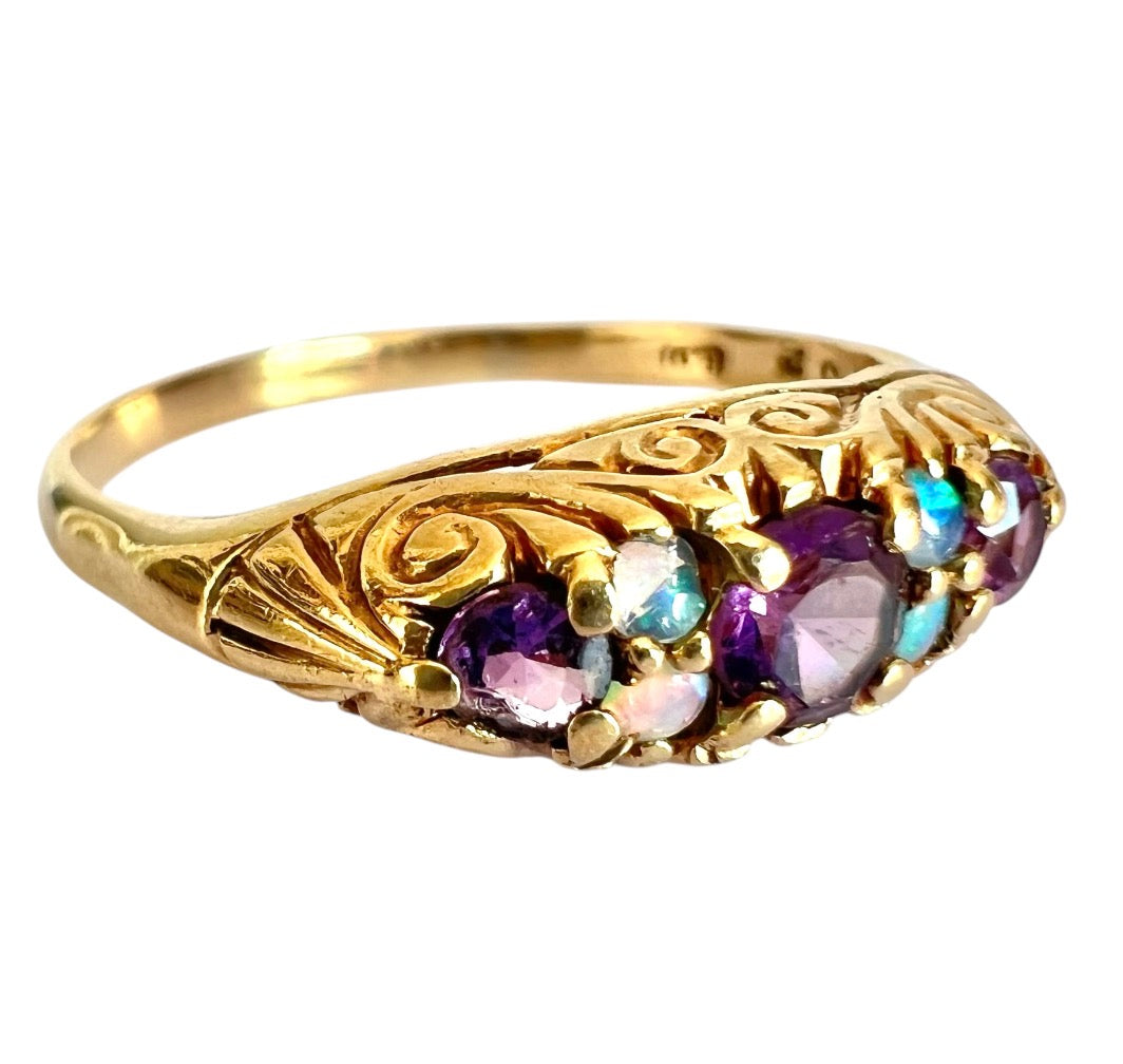 Vintage 9ct Gold Opal & Amethyst Ring – London 1976 – Size U