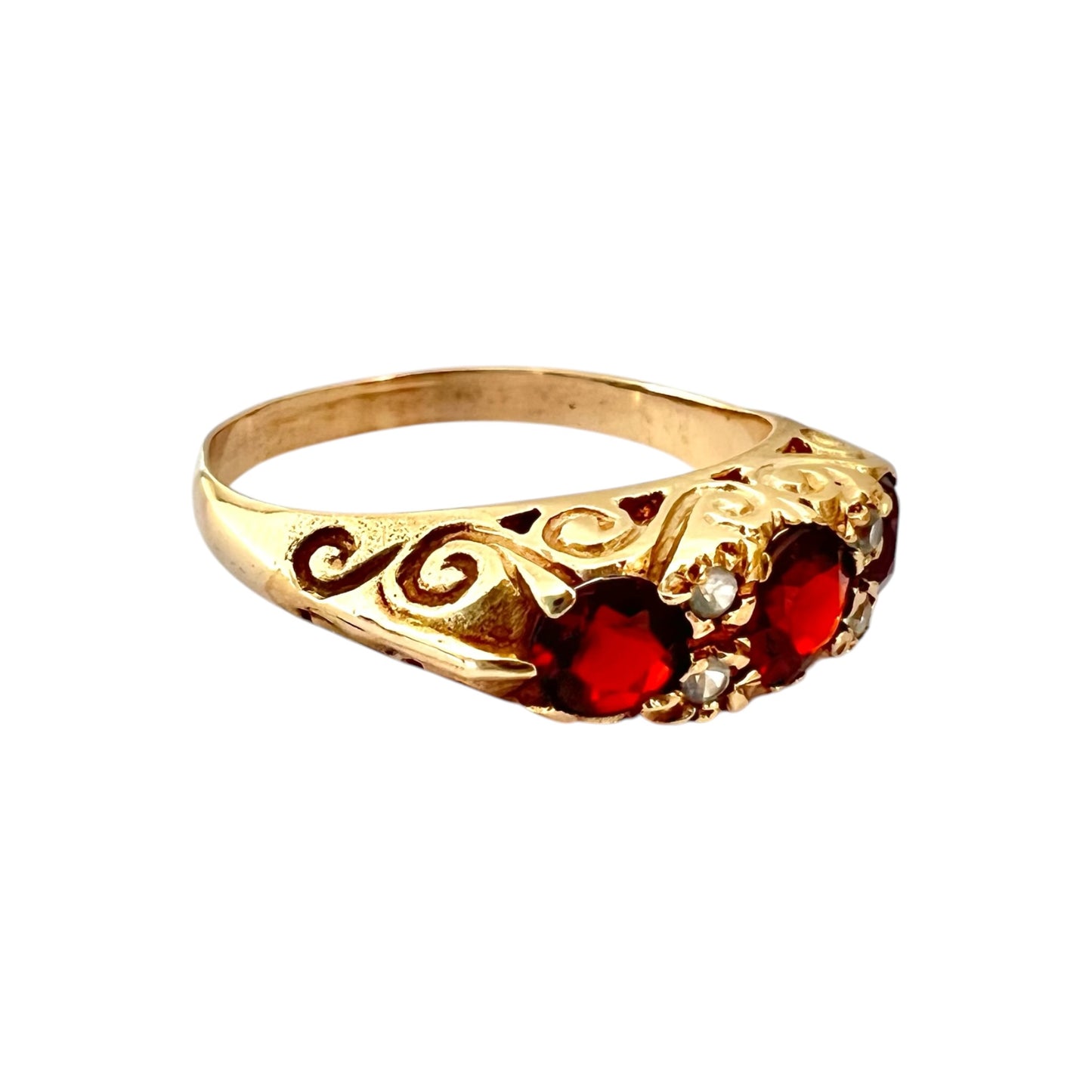 Garnet & Topaz Three Stone Ring Vintage - 9ct Gold Carved - Size P 1/2