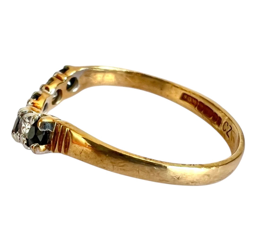 Vintage 9ct Gold Sapphire Wishbone Ring - Seven Stone - Size K 1/2