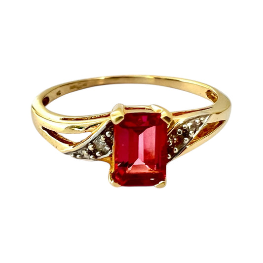 Pink Tourmaline & Diamond Ring - Vintage - 9ct Gold Hallmarked - Size O
