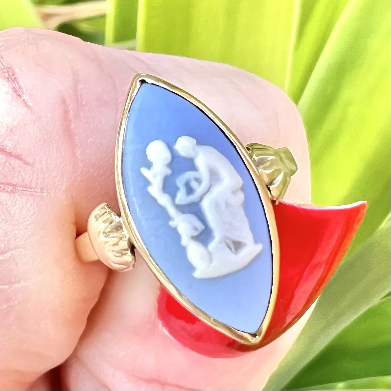 Ring with a blue stone featuring a white figure held by a red leaf against a green background