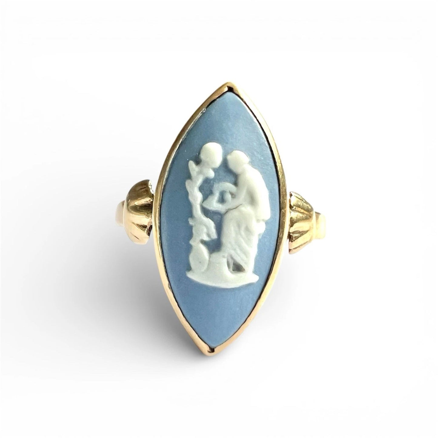 Blue cameo marquise-cut and gold frame on a white background