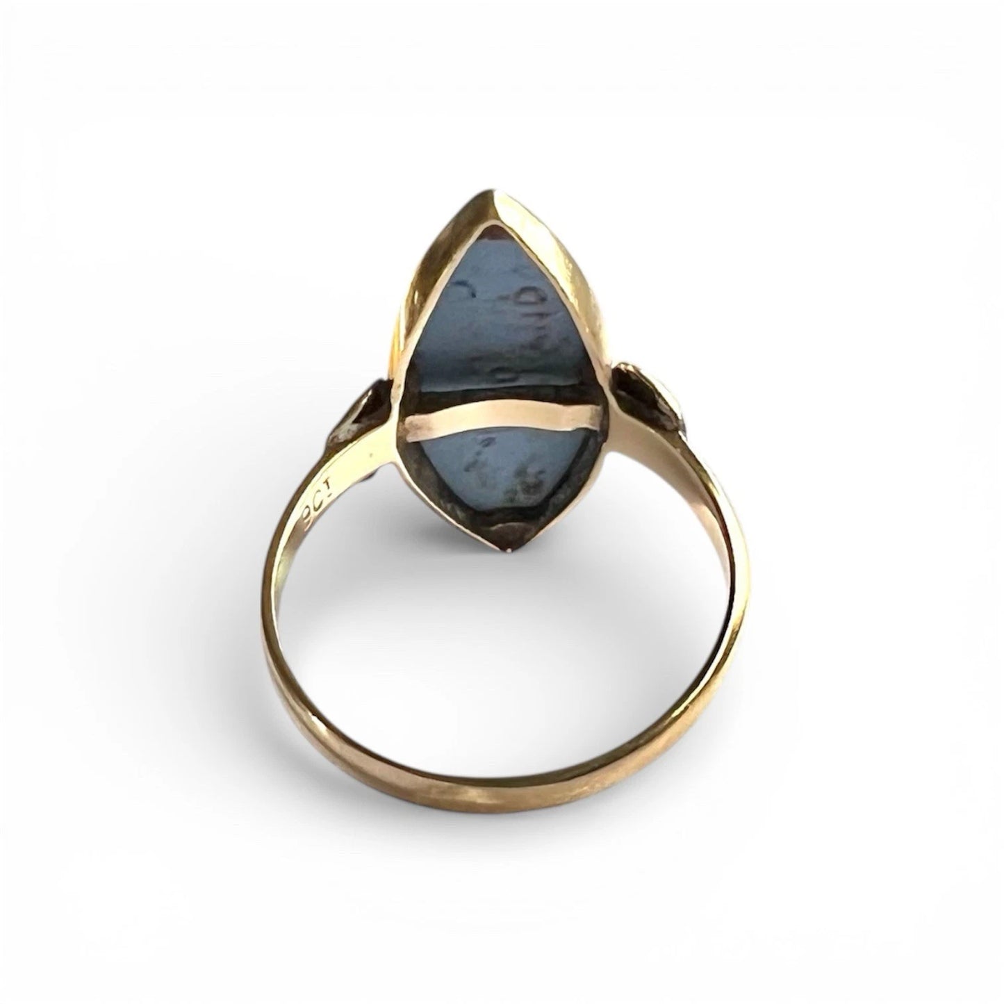 Blue cameo Gold ring rear view on a white background