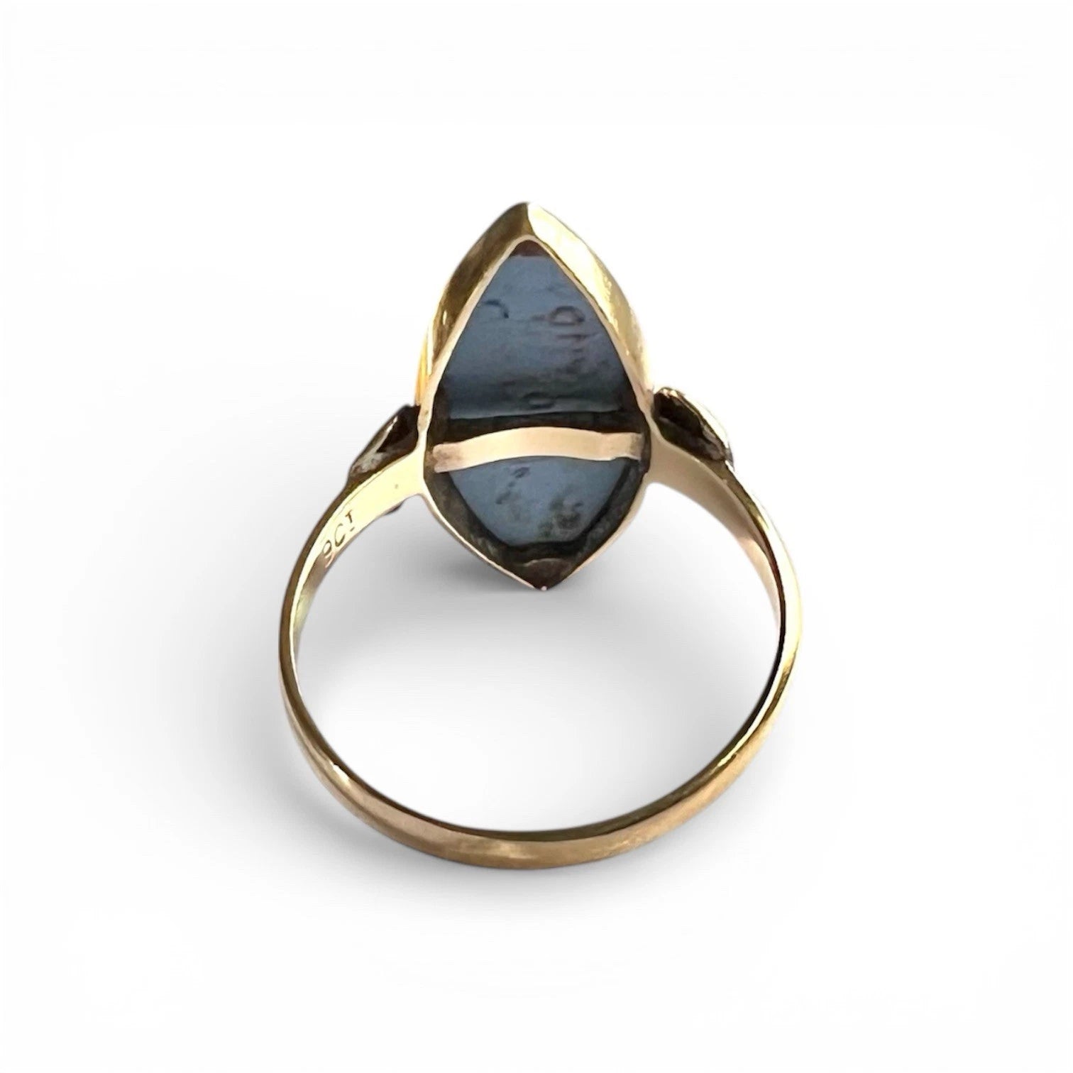 Blue cameo Gold ring rear view on a white background