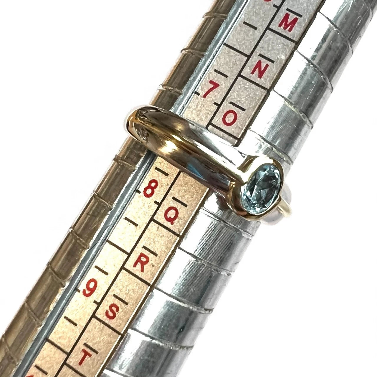 Close-up of a ring on a measuring gauge on a white background