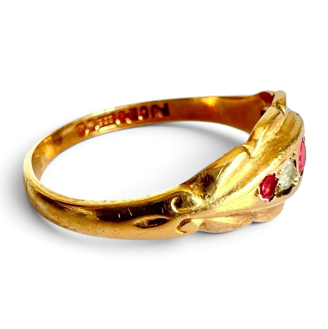 Vintage 1972 9ct Gold Ruby Simulant & White Paste Five Stone Hallmark  Size O