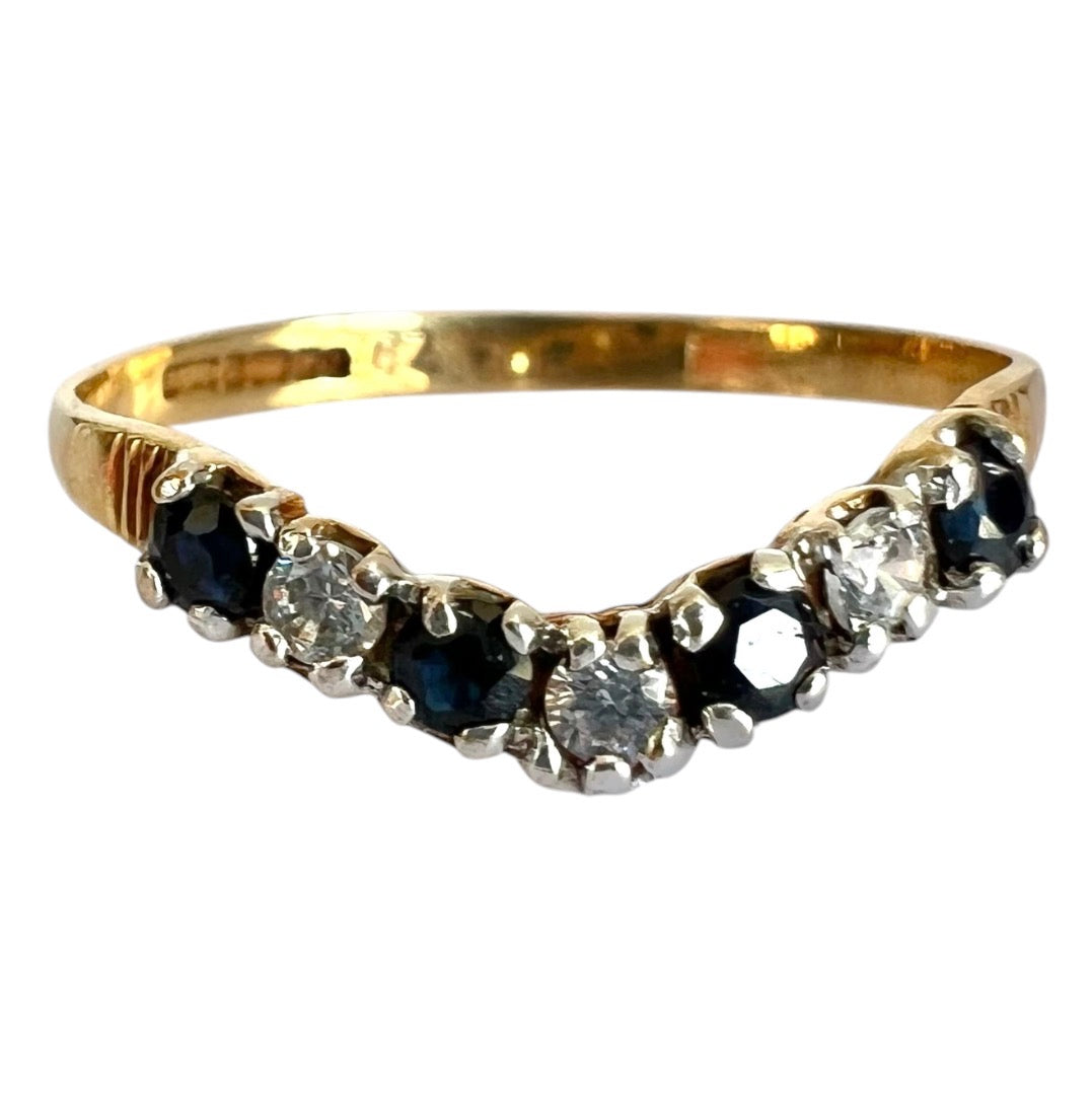Vintage 9ct Gold Sapphire Wishbone Ring - Seven Stone - Size K 1/2