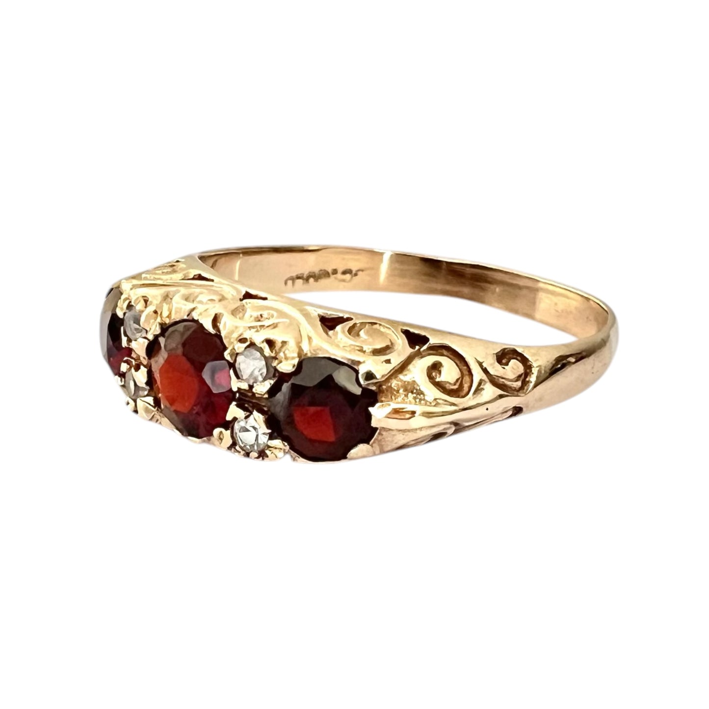 Garnet & Topaz Three Stone Ring Vintage - 9ct Gold Carved - Size P 1/2