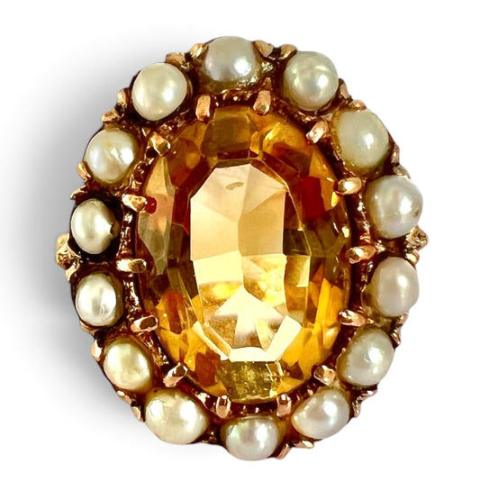 Vintage 9ct Gold Citrine & Seed Pearl Cluster Ring London Hallmarked Size P½