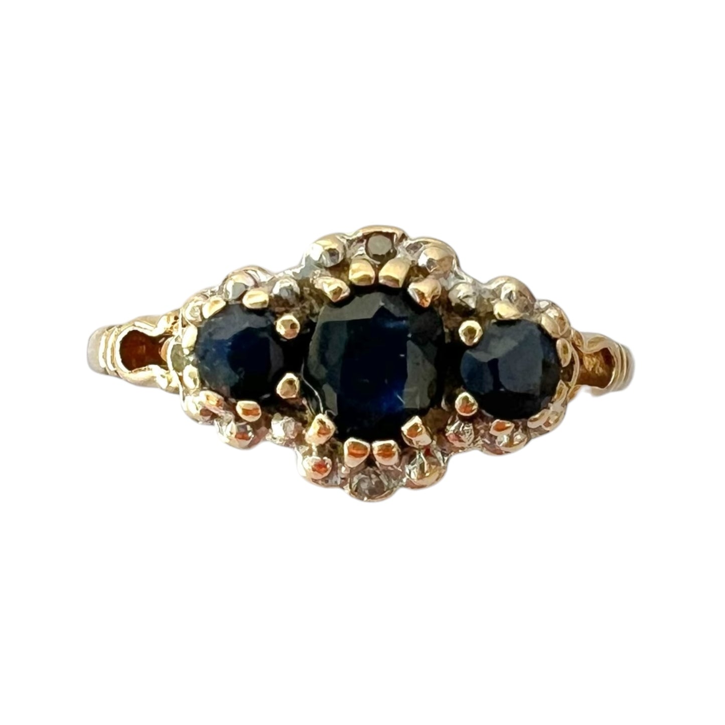 Sapphire & Diamond Three Stone Ring - Vintage - 9ct Gold - Size O