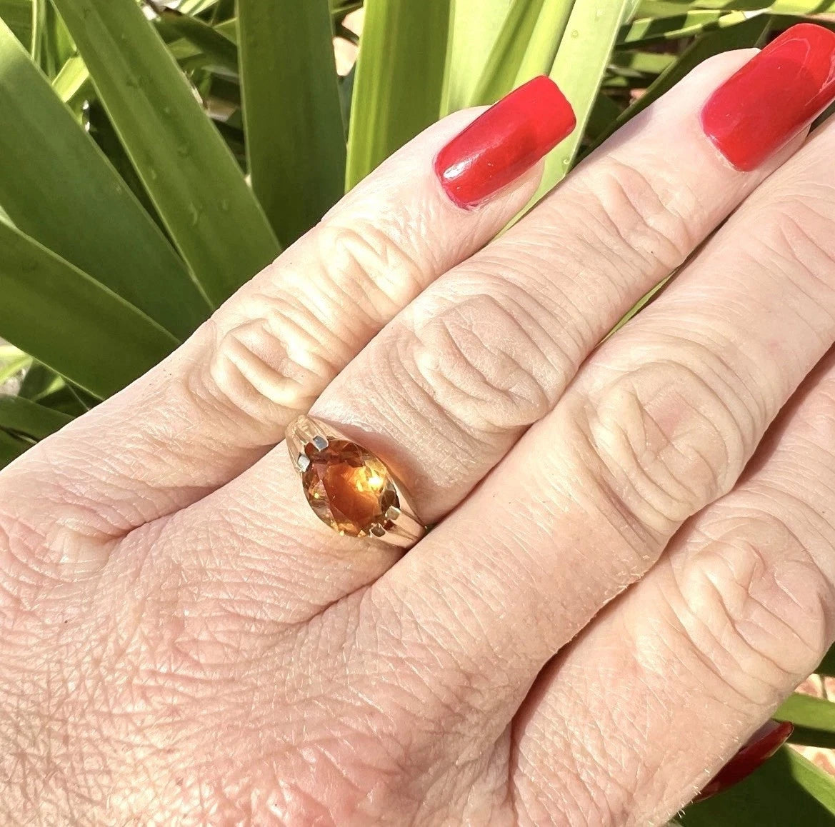 Hand wearing a ring with a large orange citrine gemstone against a green leafy background