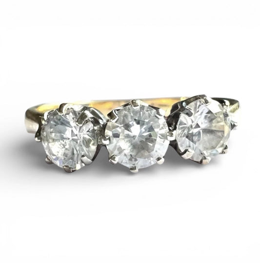 Three-stone cubic zirconia ring on a white background close up front view 