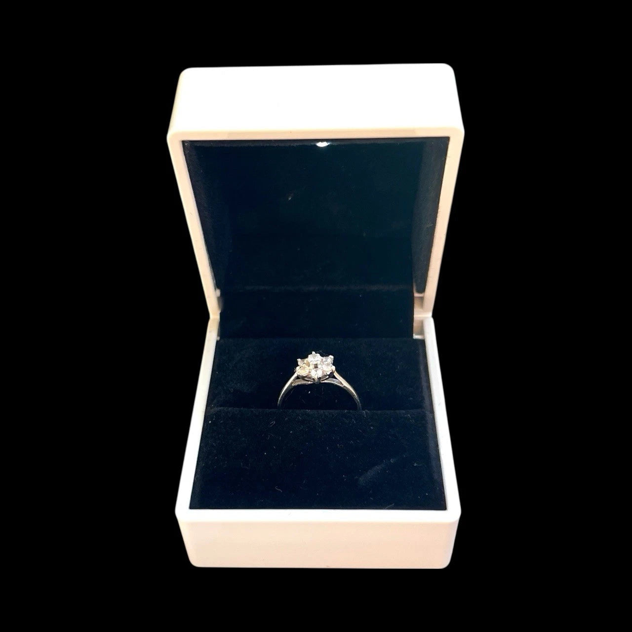 Cubic zirconia ring in a white box on a black background