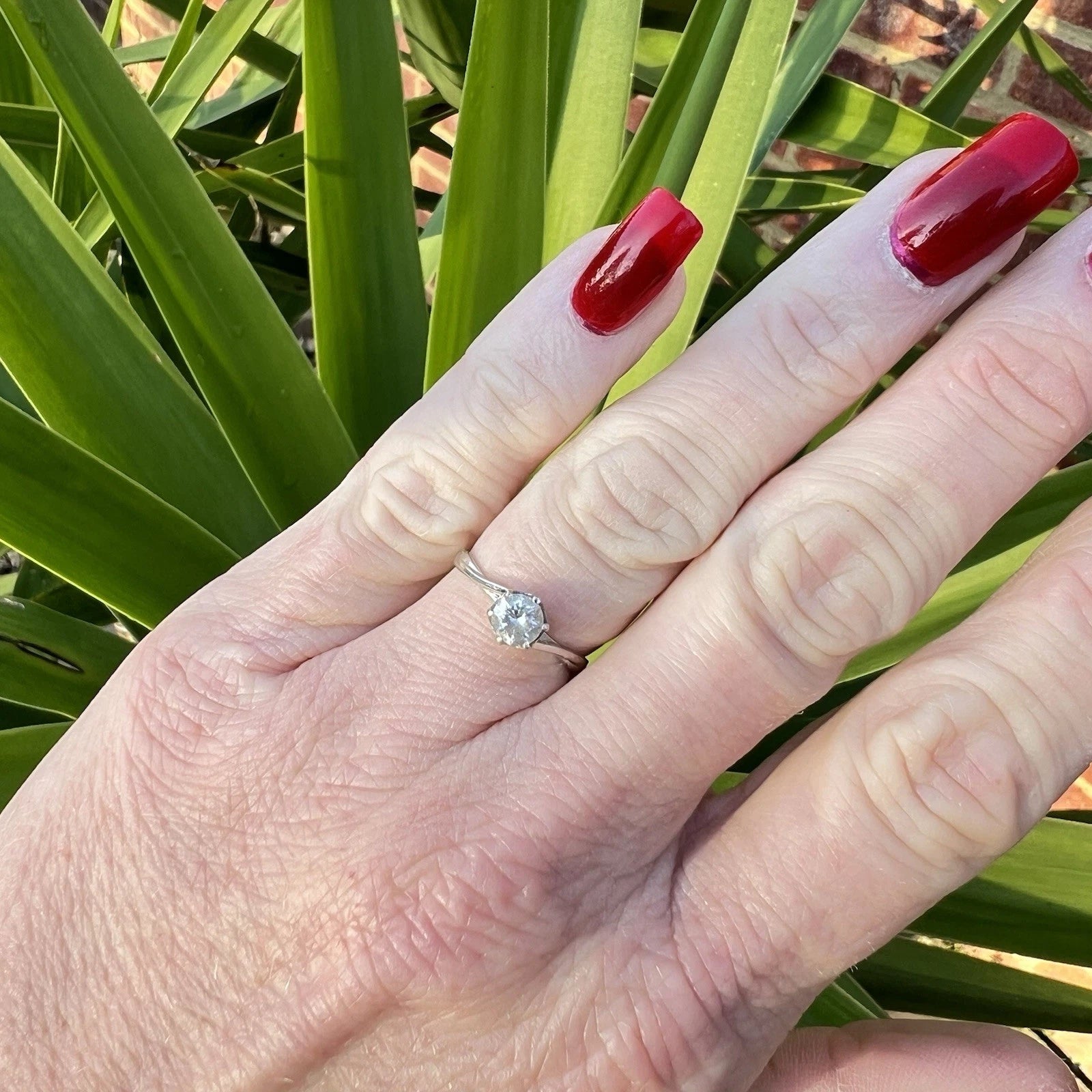 Hand with red nail polish wearing a cubic zirconia ring against a green leafy background