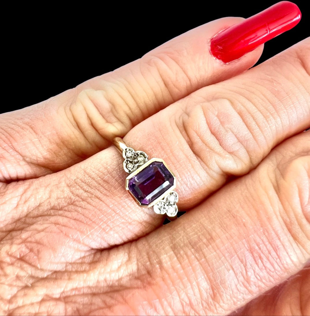 9ct Gold Amethyst & Diamond Ring – Emerald Cut – Vintage 1993 – Size N