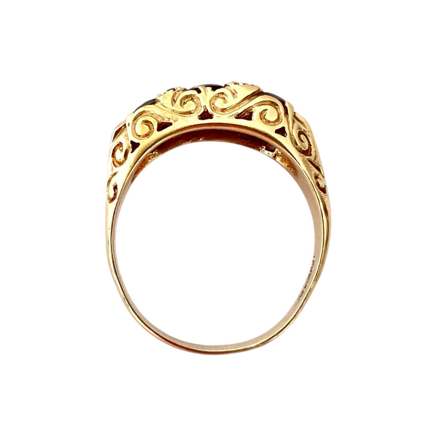 Garnet & Topaz Three Stone Ring Vintage - 9ct Gold Carved - Size P 1/2