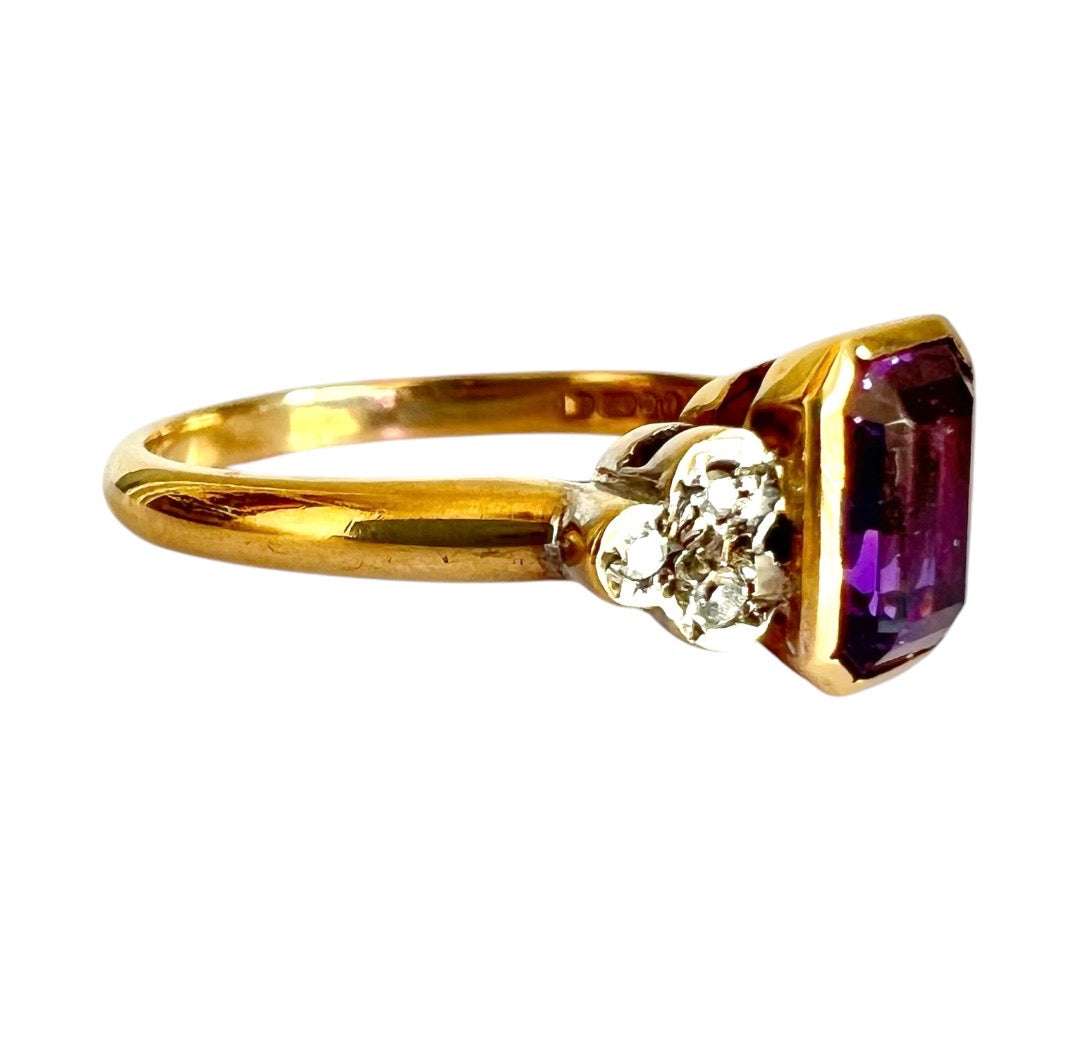 9ct Gold Amethyst & Diamond Ring – Emerald Cut – Vintage 1993 – Size N
