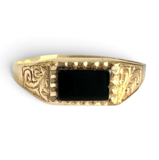 Vintage 1984 9ct Yellow Gold Onyx Signet Ring Size N London Hallmarked AJ