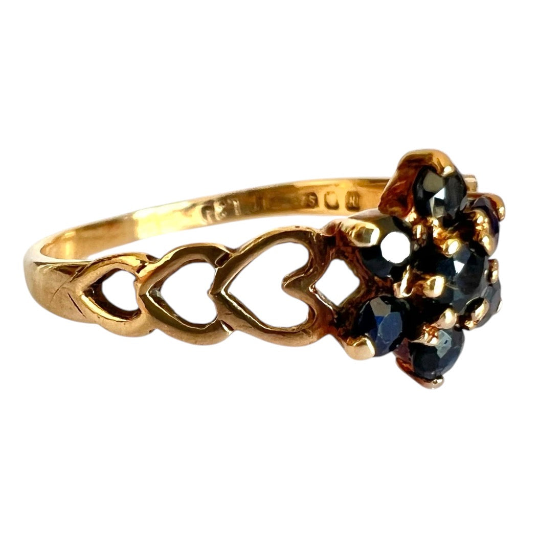 Vintage 9ct Gold Sapphire Flower Cluster Ring - Heart Shoulders - Size O