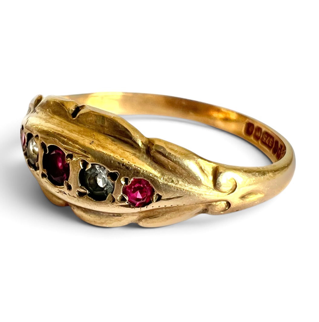 Vintage 1972 9ct Gold Ruby Simulant & White Paste Five Stone Hallmark  Size O