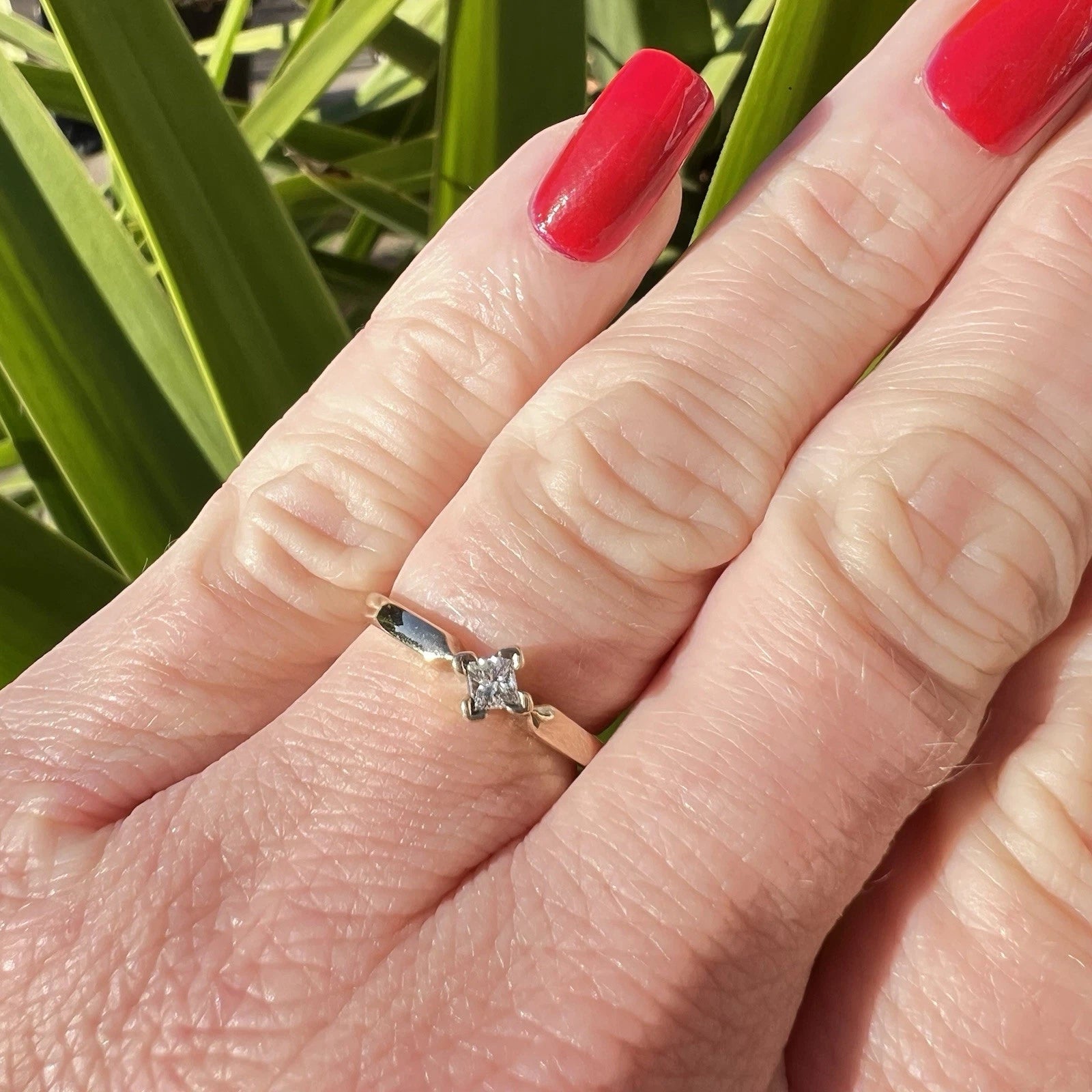 Close-up of a hand wearing a diamond ring with red nail polish against a green leafy background