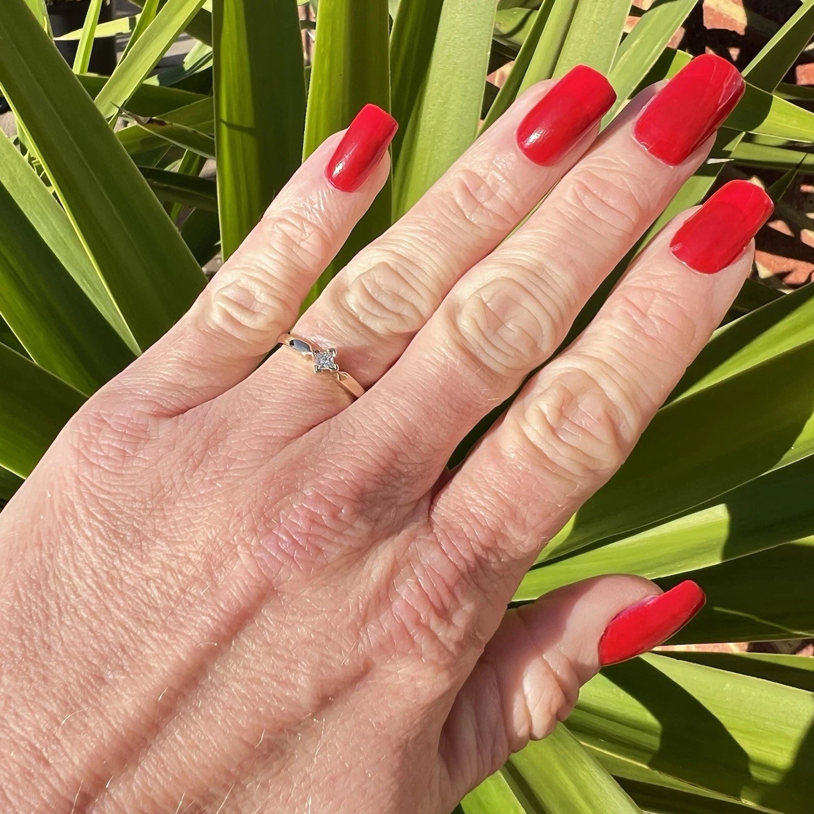 Hand with red nails and a diamond solitaire ring against green leaves