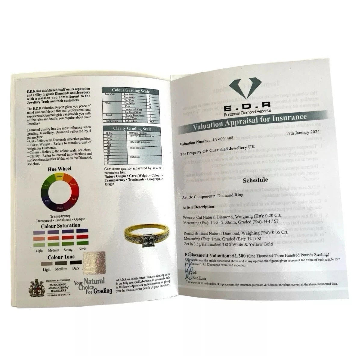 jewellery valuation certificate with details and colour saturation chart on a white background with valuation of £1300