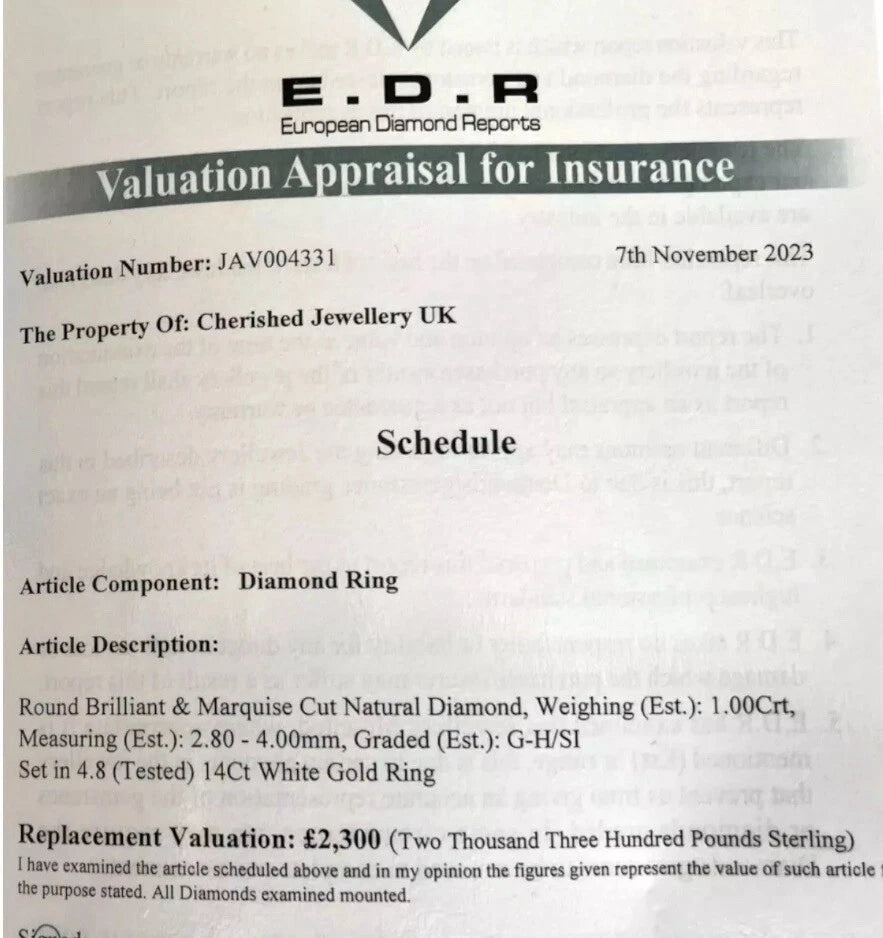 E.D.R Valuation Appraisal for Insurance document for a diamond ring, dated 7th November 2023.
