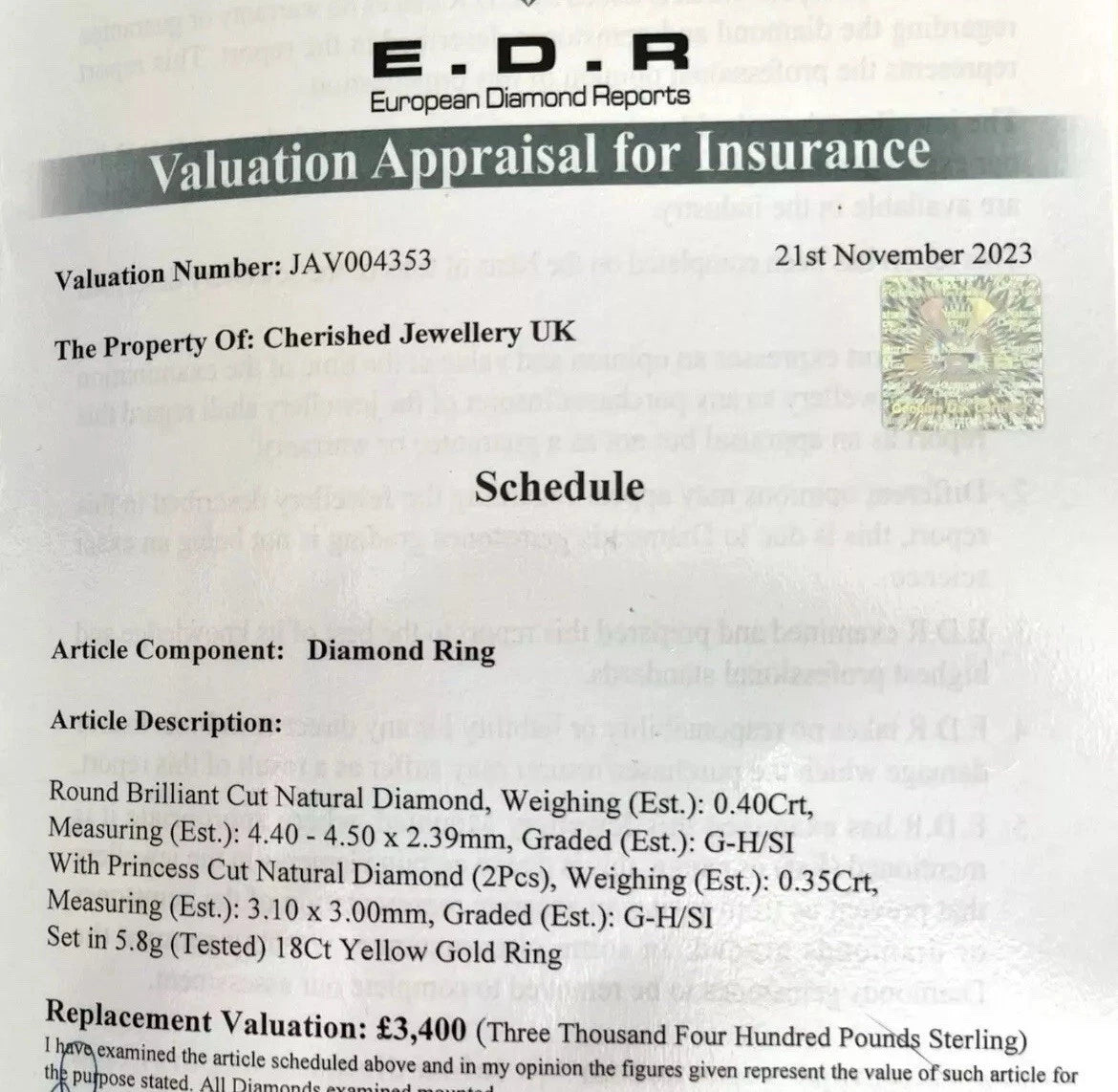 E.D.R Valuation Appraisal for Insurance document for a diamond ring, dated 21st November 2023.