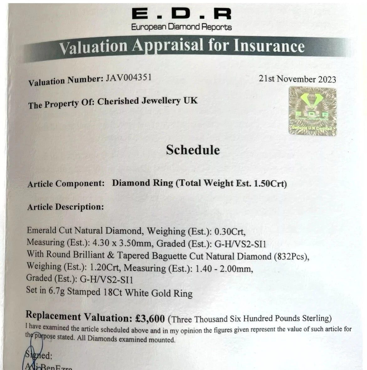 E.D.R Valuation Appraisal for Insurance document for a diamond ring, dated 21st November 2023.