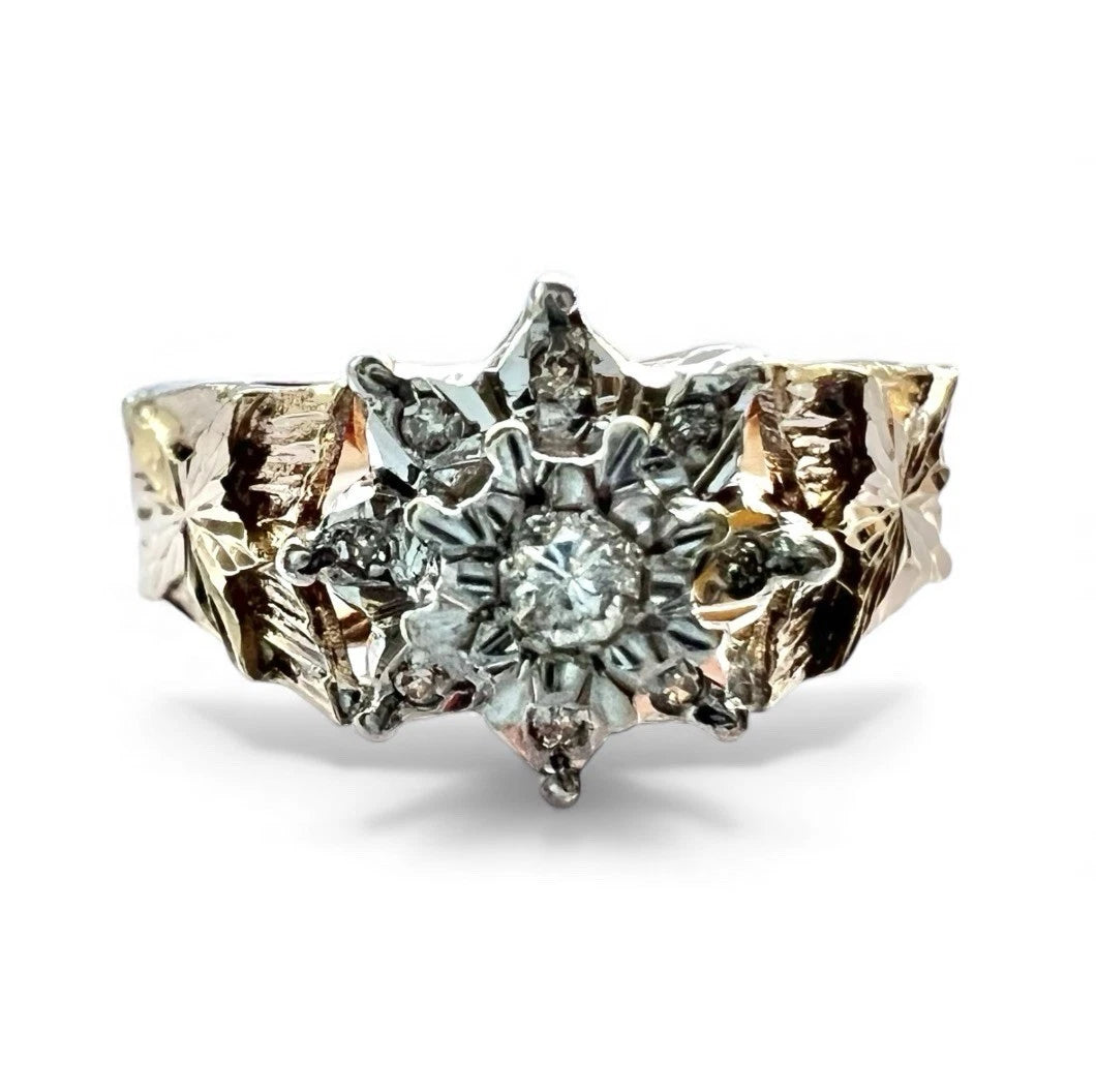 Gold ring with a central diamond on a white background