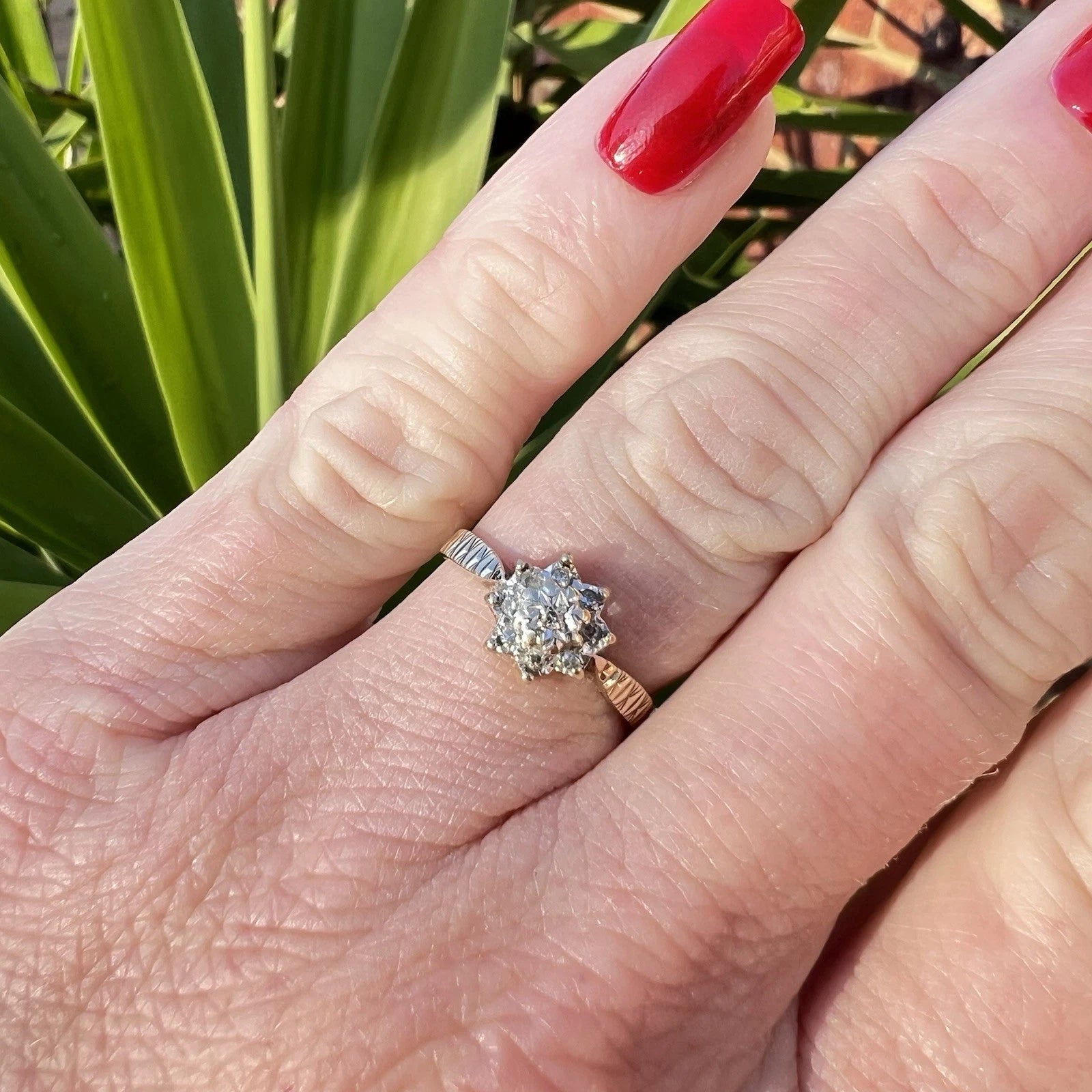 Hand wearing a diamond ring with a blurred green plant background