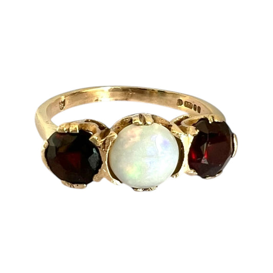 Opal & Garnet Three Stone Ring - Vintage - 9ct Gold - Hallmarked - Size L