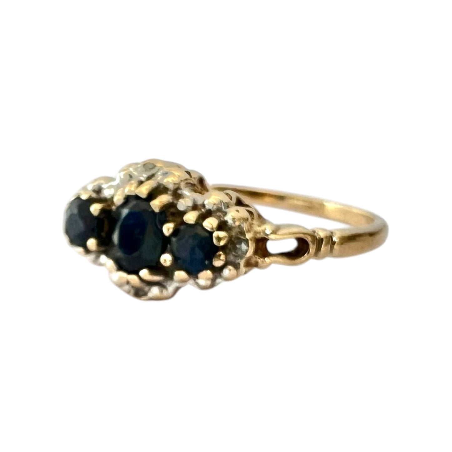 Sapphire & Diamond Three Stone Ring - Vintage - 9ct Gold - Size O