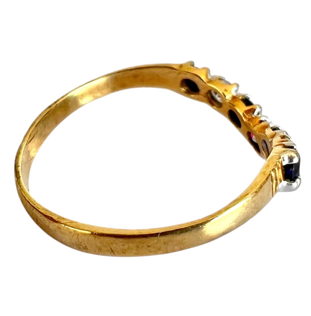 Vintage 9ct Gold Sapphire Wishbone Ring - Seven Stone - Size K 1/2