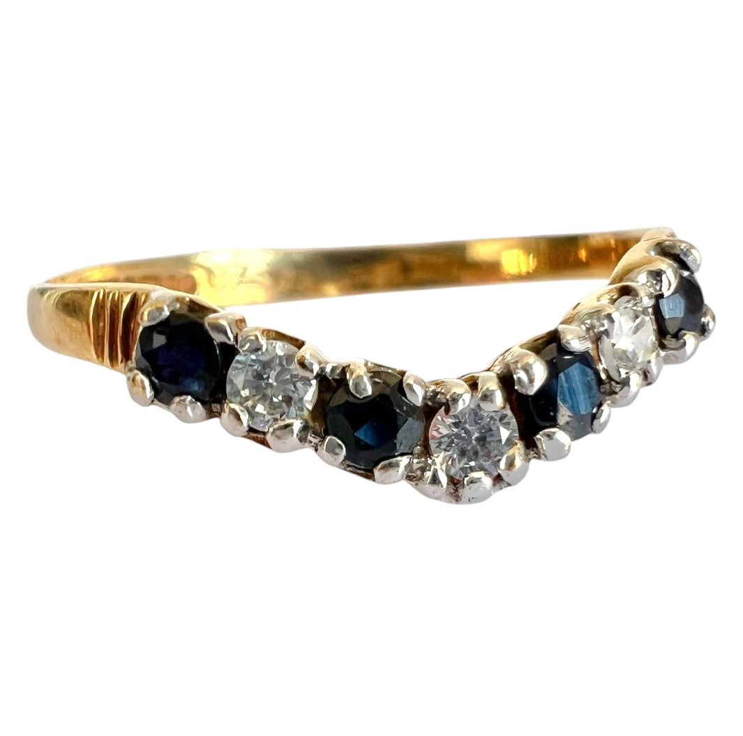 Vintage 9ct Gold Sapphire Wishbone Ring - Seven Stone - Size K 1/2