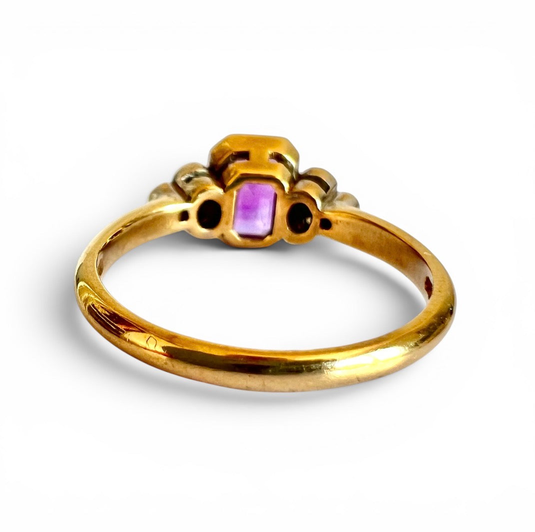 9ct Gold Amethyst & Diamond Ring – Emerald Cut – Vintage 1993 – Size N