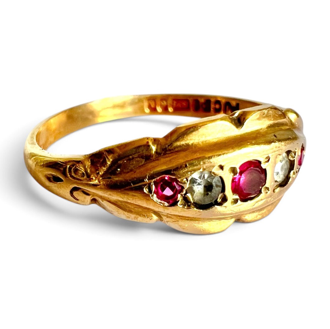 Vintage 1972 9ct Gold Ruby Simulant & White Paste Five Stone Hallmark  Size O