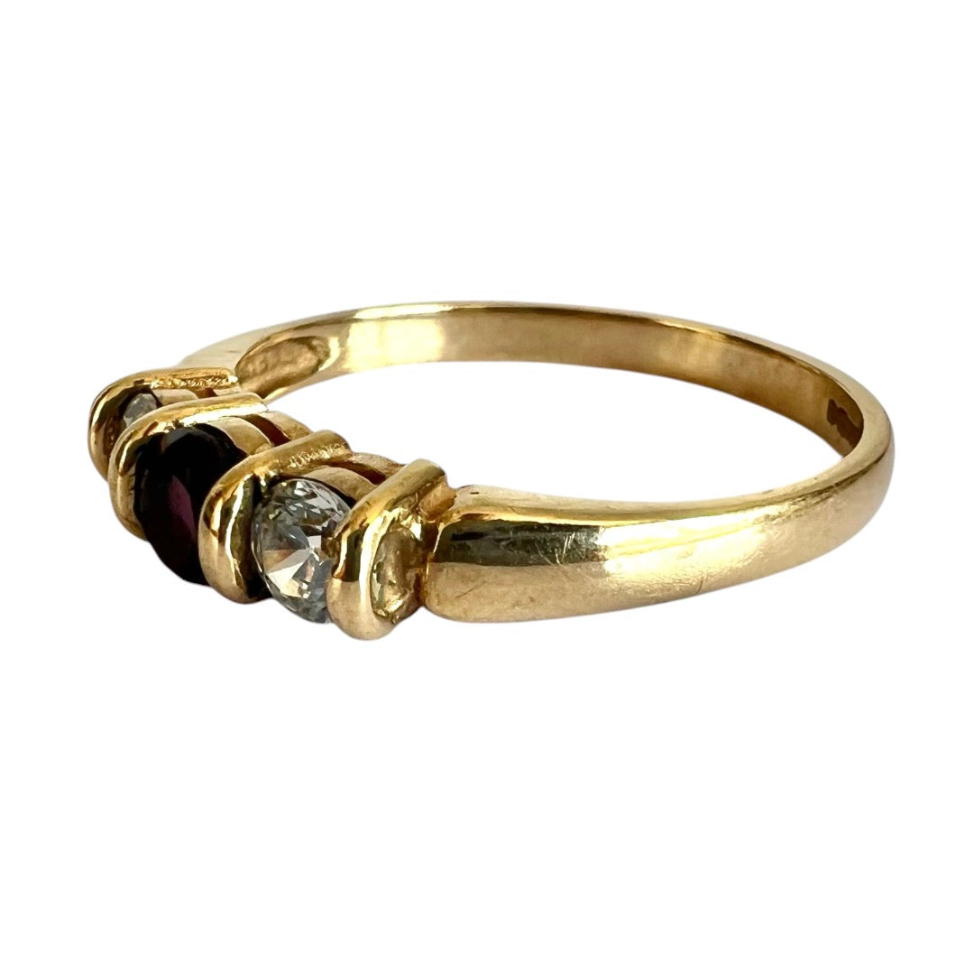Vintage 9ct Gold Amethyst & Cubic Zirconia Three Stone Ring Size O 1/2